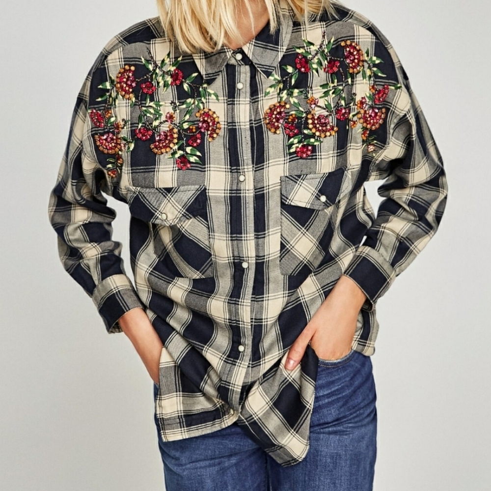 Zara Plaid Western Button Front Black Embellished Long Sleeve Shirt Size Small